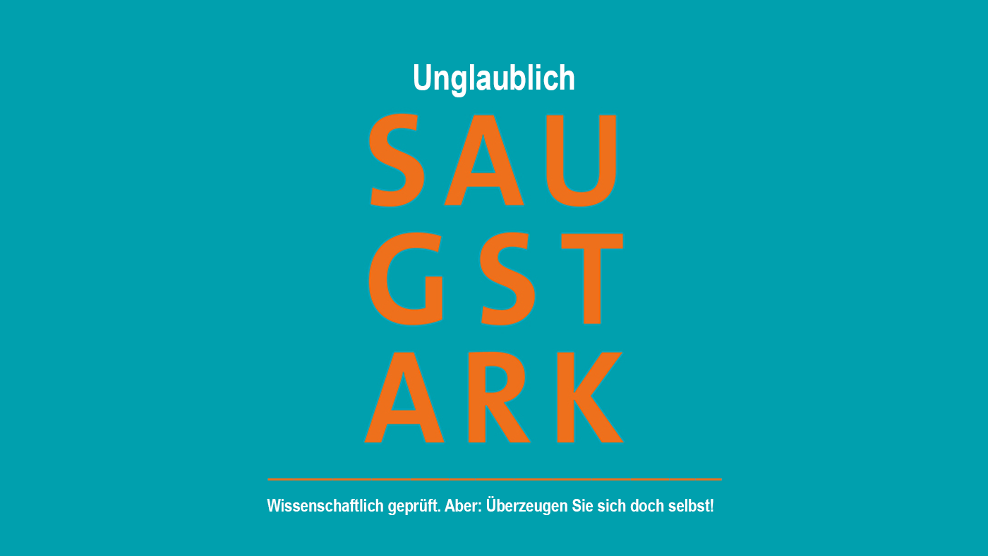 "SAUGSTARK"-Schriftzug in orange auf türkisen Hintergrund.