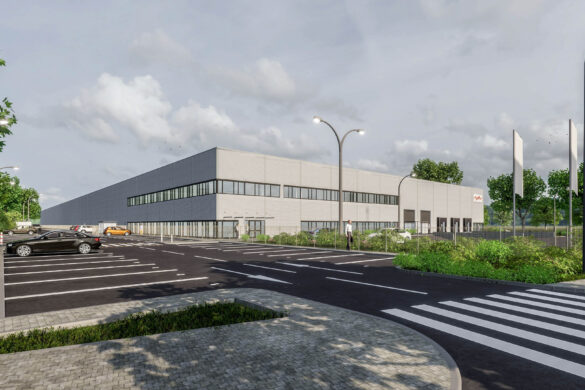 Visualisierung des geplanten DEHN-Produktionswerks im CTPark Pitești, Rumänien, mit modernem Industriegebäude, Parkplatz, Straßenbeleuchtung und grüner Umgebung.