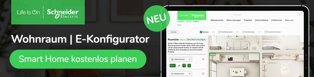 Screenshot des Wohnraum | E-Konfigurators von Schneider Electric mit grünem Hinweis „NEU“ und dem Slogan „Smart Home kostenlos planen“.