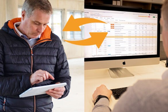 Zwei Männer arbeiten mit cx.prime auf Tablet und Desktop, verbunden durch Synchronisierungspfeile.