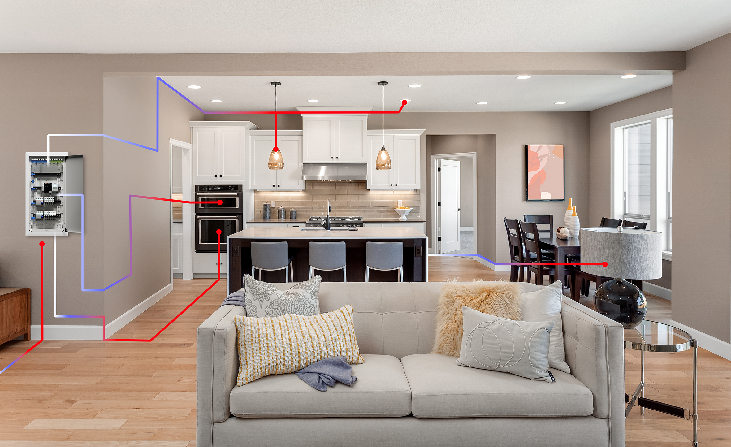 Closeup Lady Enjoy Of New Intelligence Technologies. Smiling Young Woman Using Screen Device Gadget For Remote Control For Air Conditioning, Cleaning Housekeeping, Touching Tablet Computer On Wall.