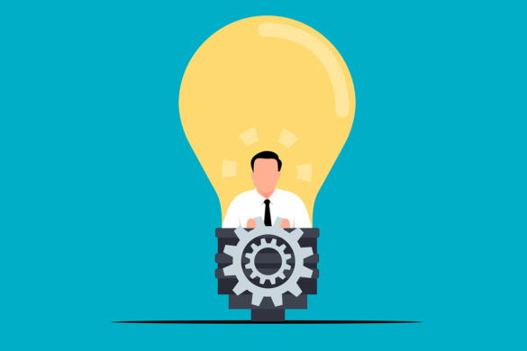 „Illustration eines Geschäftsmanns mit Zahnrad und leuchtender Glühbirne als Symbol für Innovation und technische Ideen“