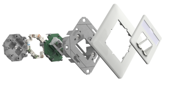 Explosionsdarstellung einer RJ45-Datenanschlussdose mit allen Bauteilen von der Kabelzuführung bis zur Abdeckung.