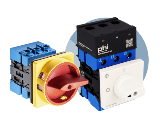 Modulare Schaltgeräte von Kraus & Naimer aus der Produktlinie phi mit Drehschalter und Messmodulen für Energiemessung.