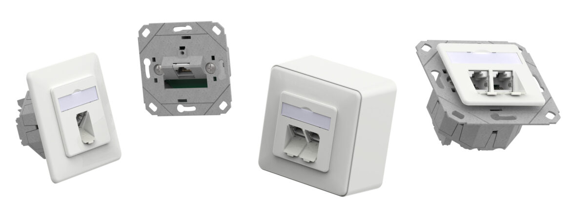 Produktvarianten der RJ45-Datenanschlussdose von Metz Connect, erhältlich als 1-fach und 2-fach Version.