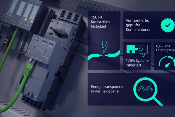 Detailaufnahme eines Schaltschrankes mit Siemens SIRIUS 3RA8 Lastschaltgerät, grünes Datenkabel verbunden, daneben grafische Highlights zu Kurzschlussfestigkeit, Systemintegration, Leistungsbereich und Energietransparenz.
