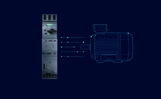 Visualisierung eines Siemens SIRIUS 3RA8 Geräts neben einer grafischen Darstellung eines Elektromotors mit Datenlinien, die auf Überwachung und Steuerung hinweisen.