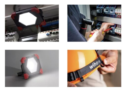 Anwendungsbeispiele der Wiha-Arbeitsleuchten: Einsatz im Schaltschrank, am Helm, als Taschenlampe und Baustrahler in unterschiedlichen Arbeitssituationen.