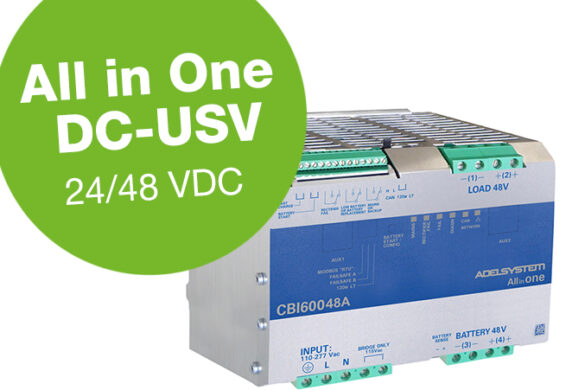 Abbildung der All-in-One DC-USV CBI60048A von Adel System mit 24/48 VDC-Ausgang, geeignet für industrielle Anwendungen im Schaltschrank.