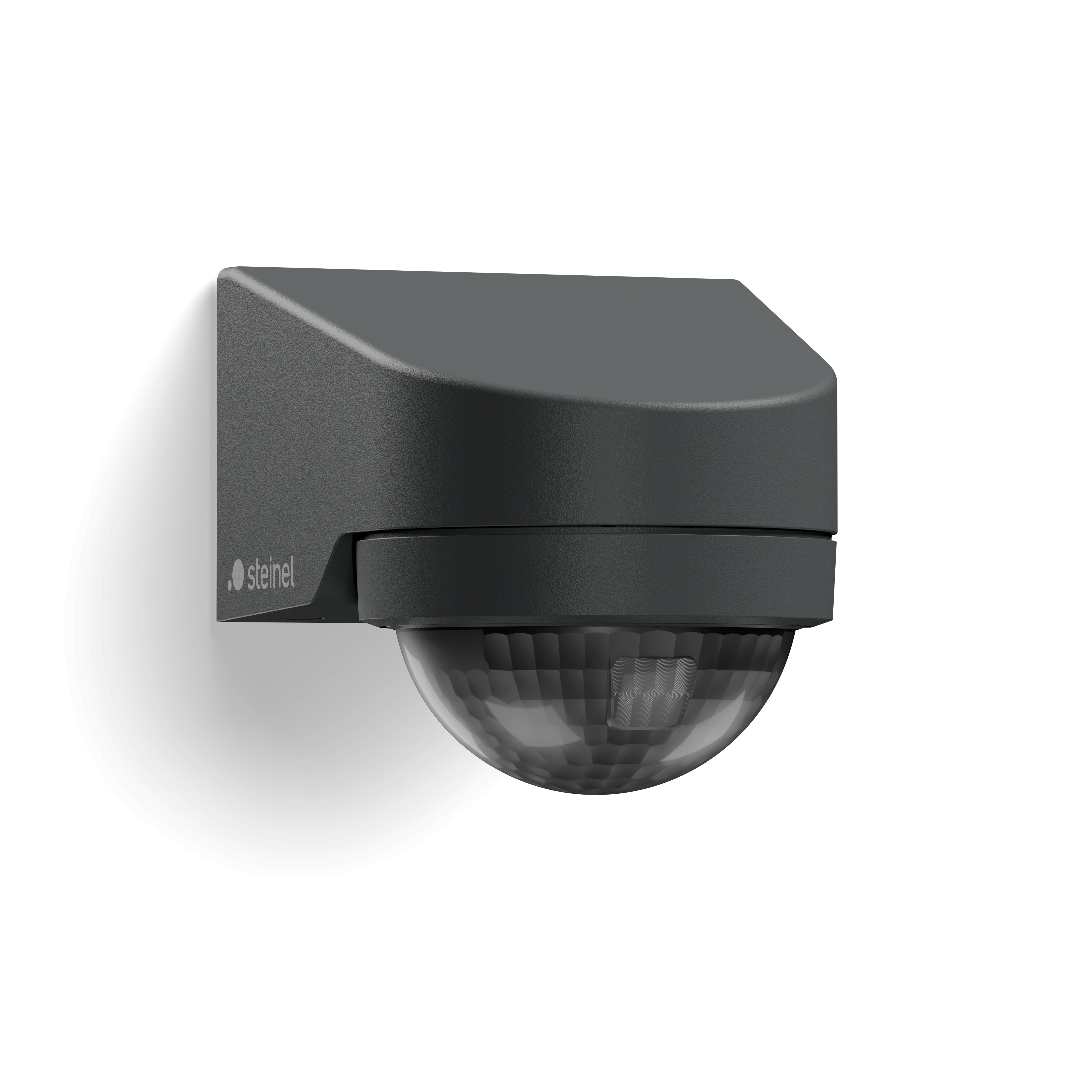 Ein anthrazitfarbener Steinel nexx.IS PRO Bewegungsmelder, montiert an einer Wand, mit halbtransparentem Sensorgehäuse zur präzisen Bewegungserfassung.