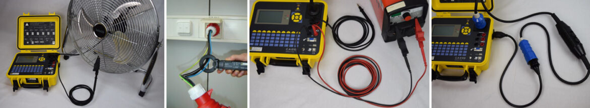 Mehrere Anwendungsbeispiele des Prüfgeräts C.A 6108 von Chauvin Arnoux: Messung an einem Ventilator, Prüfung an Steckdosen, Schweißgeräten und Verlängerungskabeln.