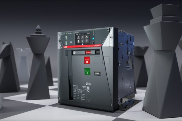 Der neue ABB Sace Emax 3 Leistungsschalter steht symbolisch auf einem Schachbrett – Sinnbild für Strategie, Präzision und Kontrolle in der Energieverteilung.