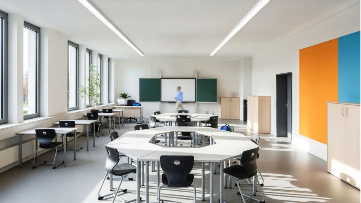 Helles Klassenzimmer mit modernen LED-Lichtbändern, flexibler Möblierung und farblich gestalteten Wänden.