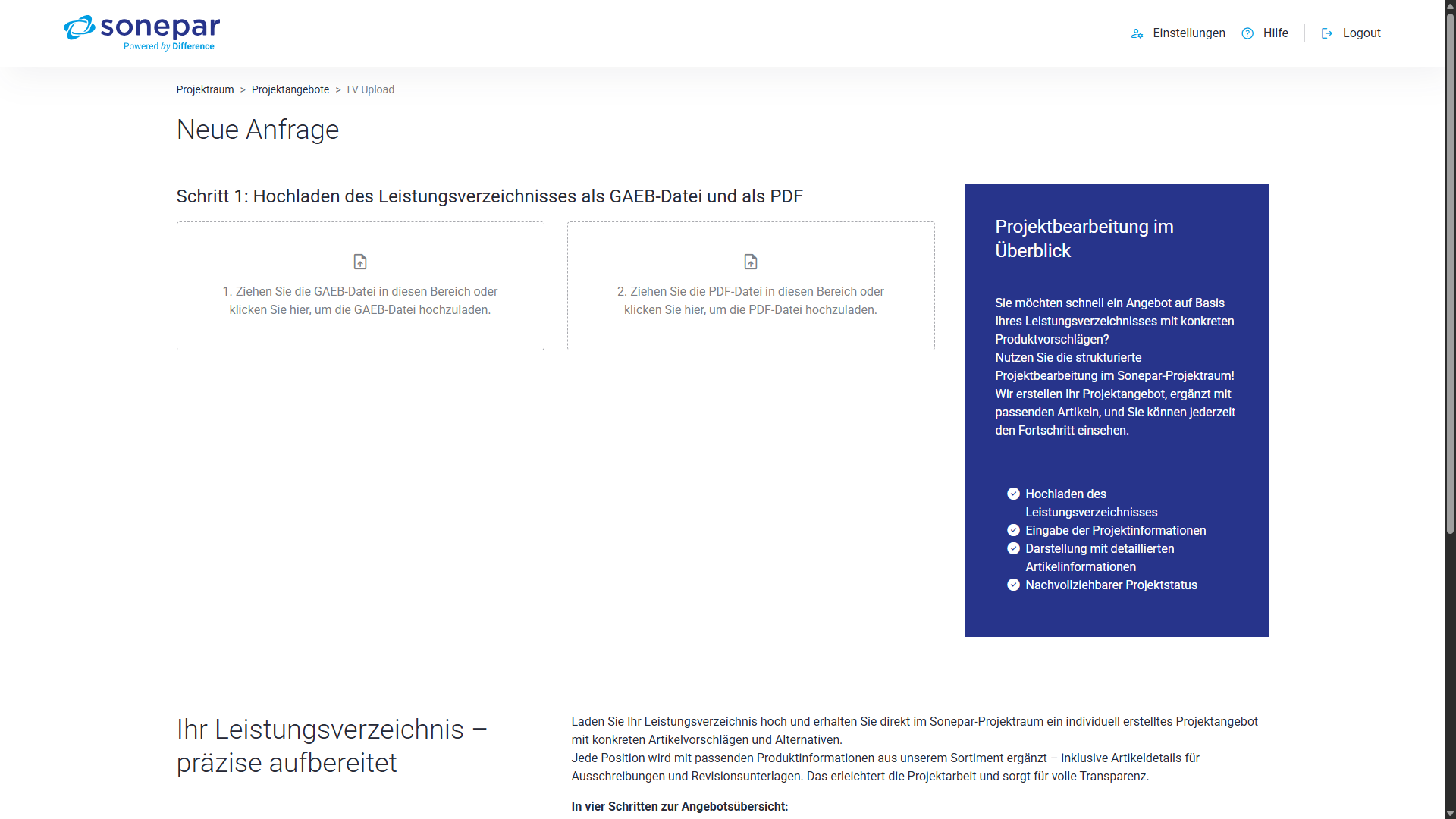 Benutzeroberfläche des Sonepar-Projektraums zur Erstellung einer neuen Anfrage mit Upload-Feldern für Leistungsverzeichnisse.