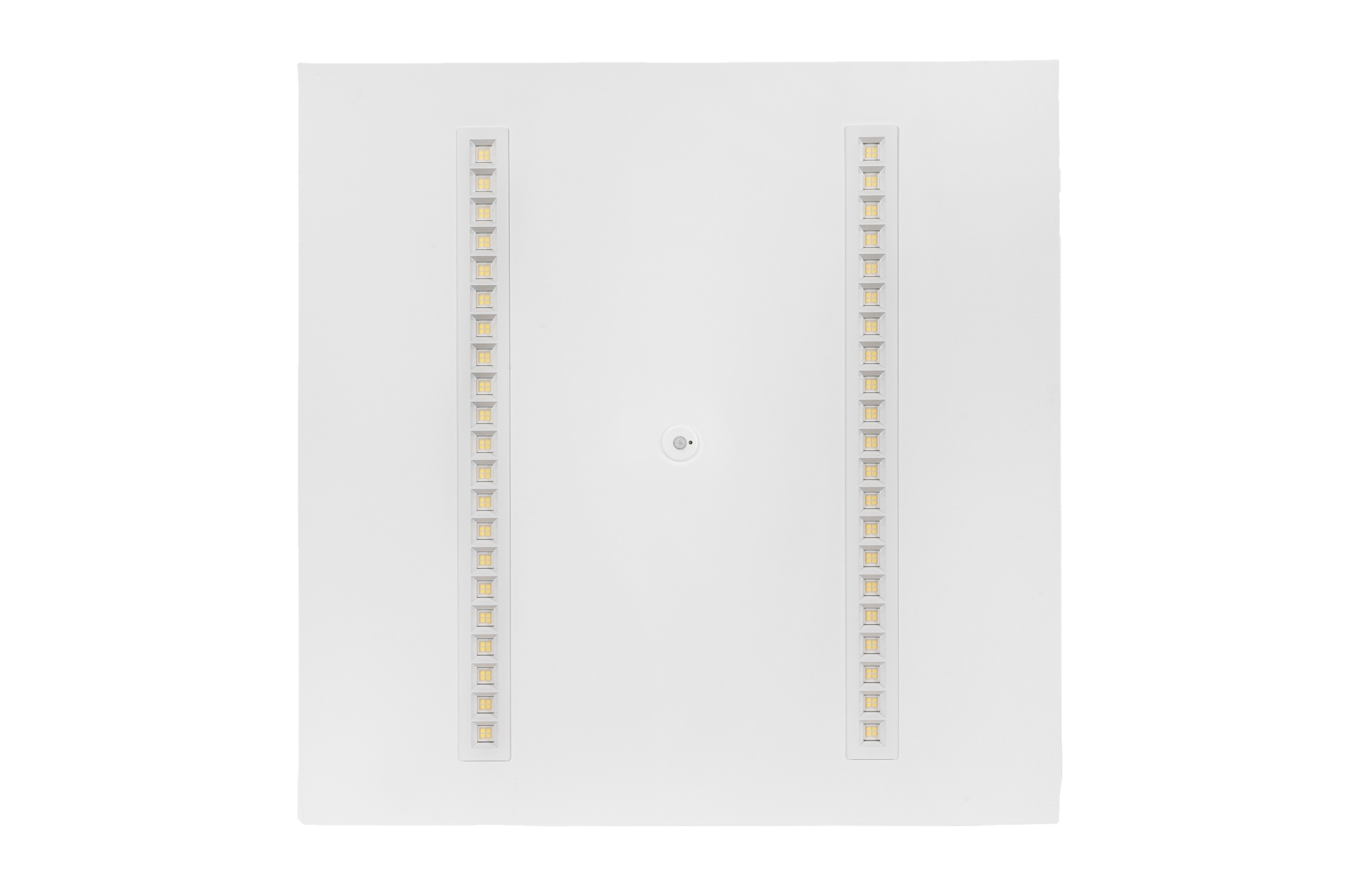 Weiße, quadratische LED-Deckenleuchte mit zwei integrierten Lichtleisten und mittigem Sensor in Draufsicht.