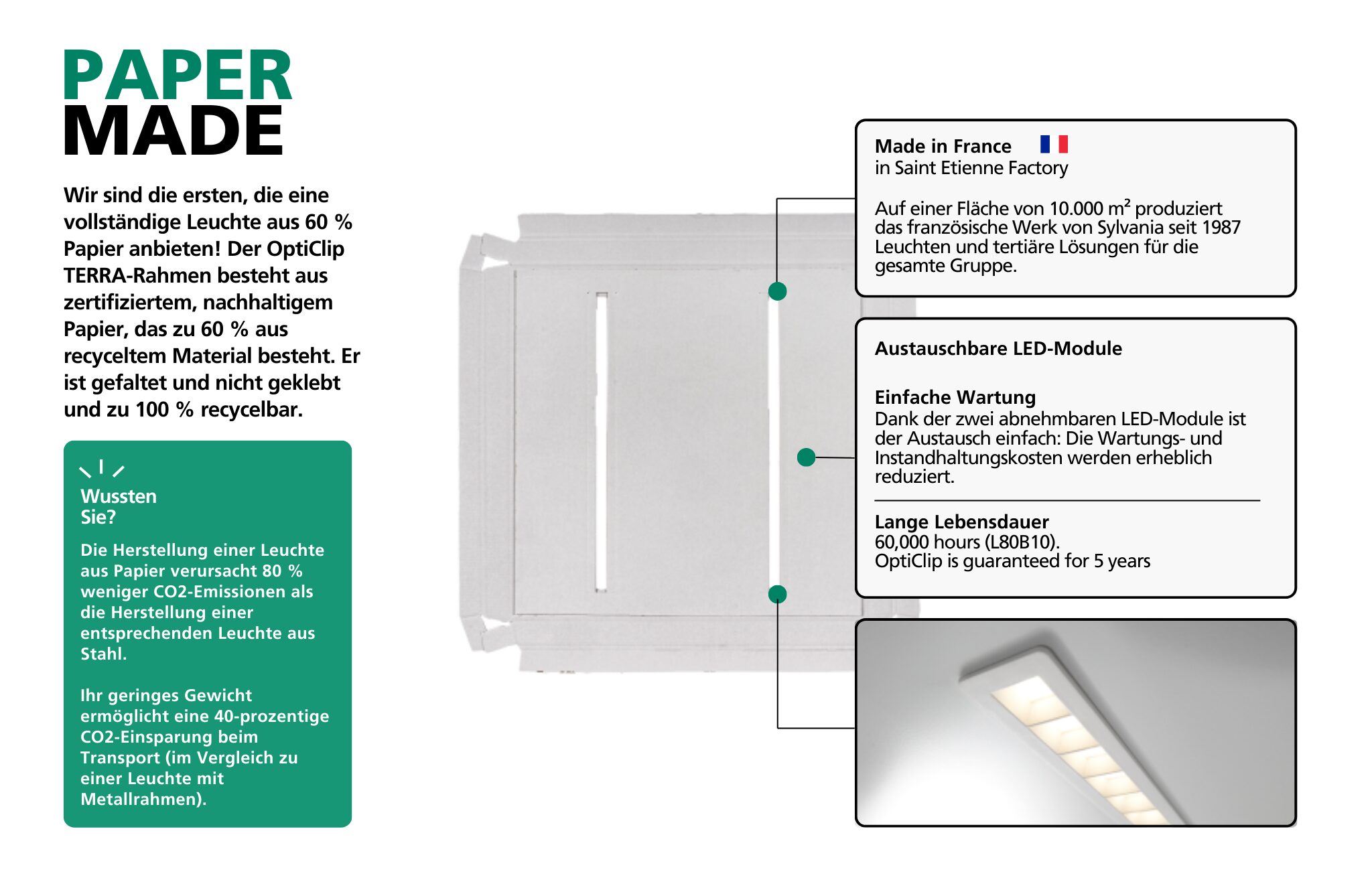 Darstellung der OptiClip Terra Leuchte aus recyceltem Papier mit Informationen zu Produktion und Recycling.