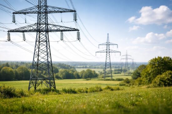 Eine Hochspannungsleitung mit Stahlgittermast im Vordergrund vor einer Reihe weiterer Masten in unscharfer Landschaft bei Sonnenschein.