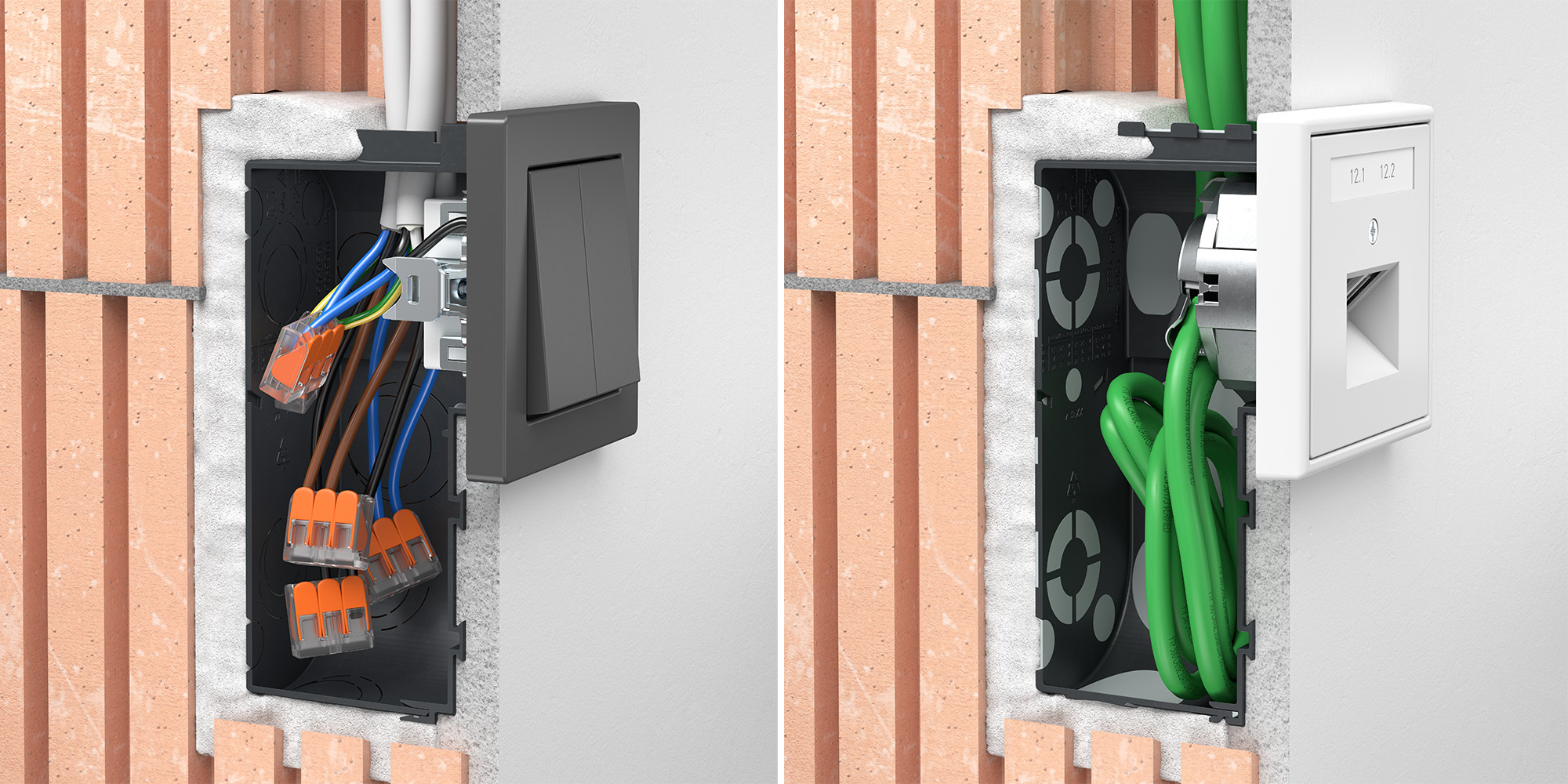 Unterputzdosen im Wandquerschnitt: links Schalterdose mit Leitungsverdrahtung, rechts Datendose mit grünen Netzwerkkabeln.