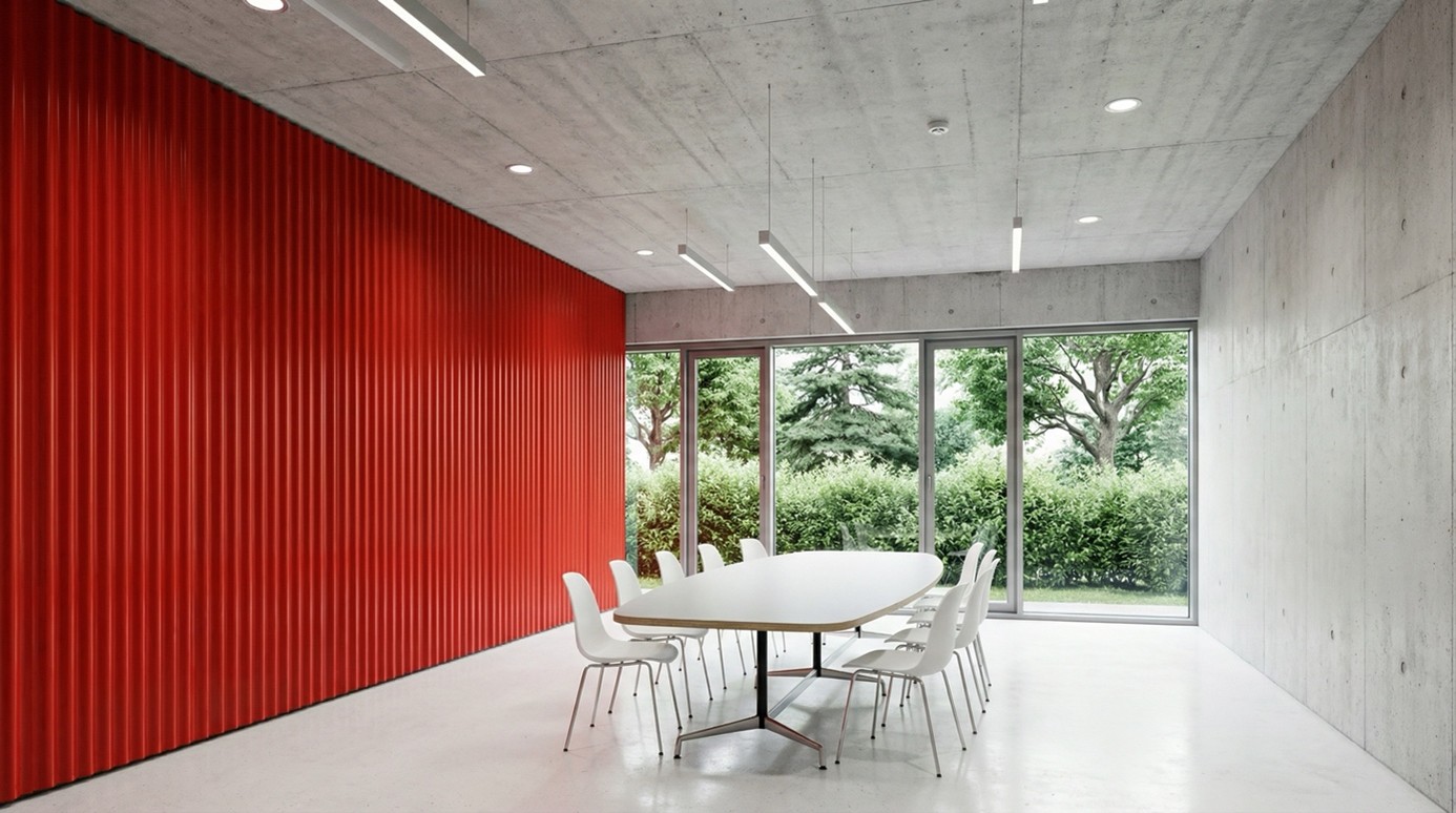 Heller Besprechungsraum mit großem Tisch, weißen Stühlen und roter Akzentwand.