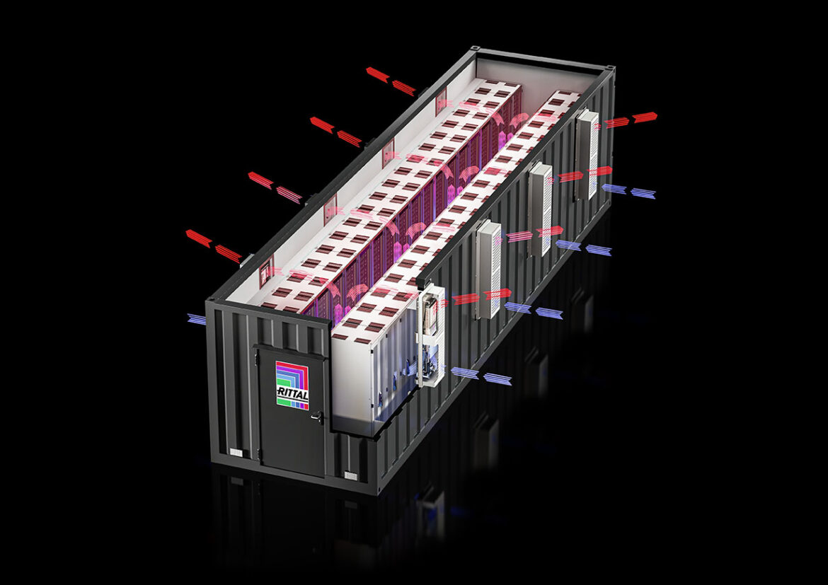 Containerbasierter Energiespeicher mit Kühlung und visualisierten Luftströmen.