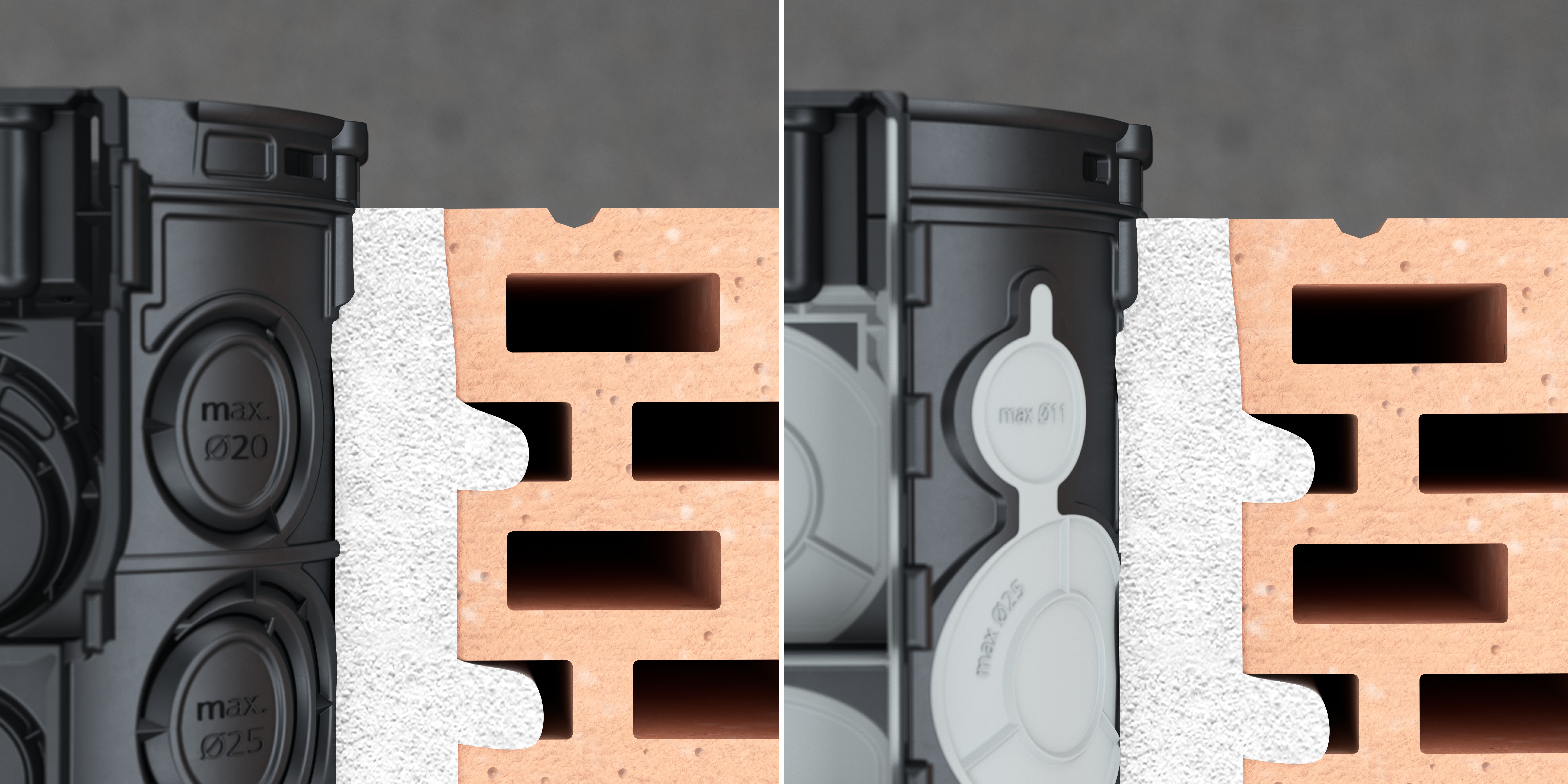 Detailvergleich von Dosen-Einführungen: links klassische Ausbrechöffnungen, rechts elastische Membranen für luftdichte Leitungs- und Rohreinführung.