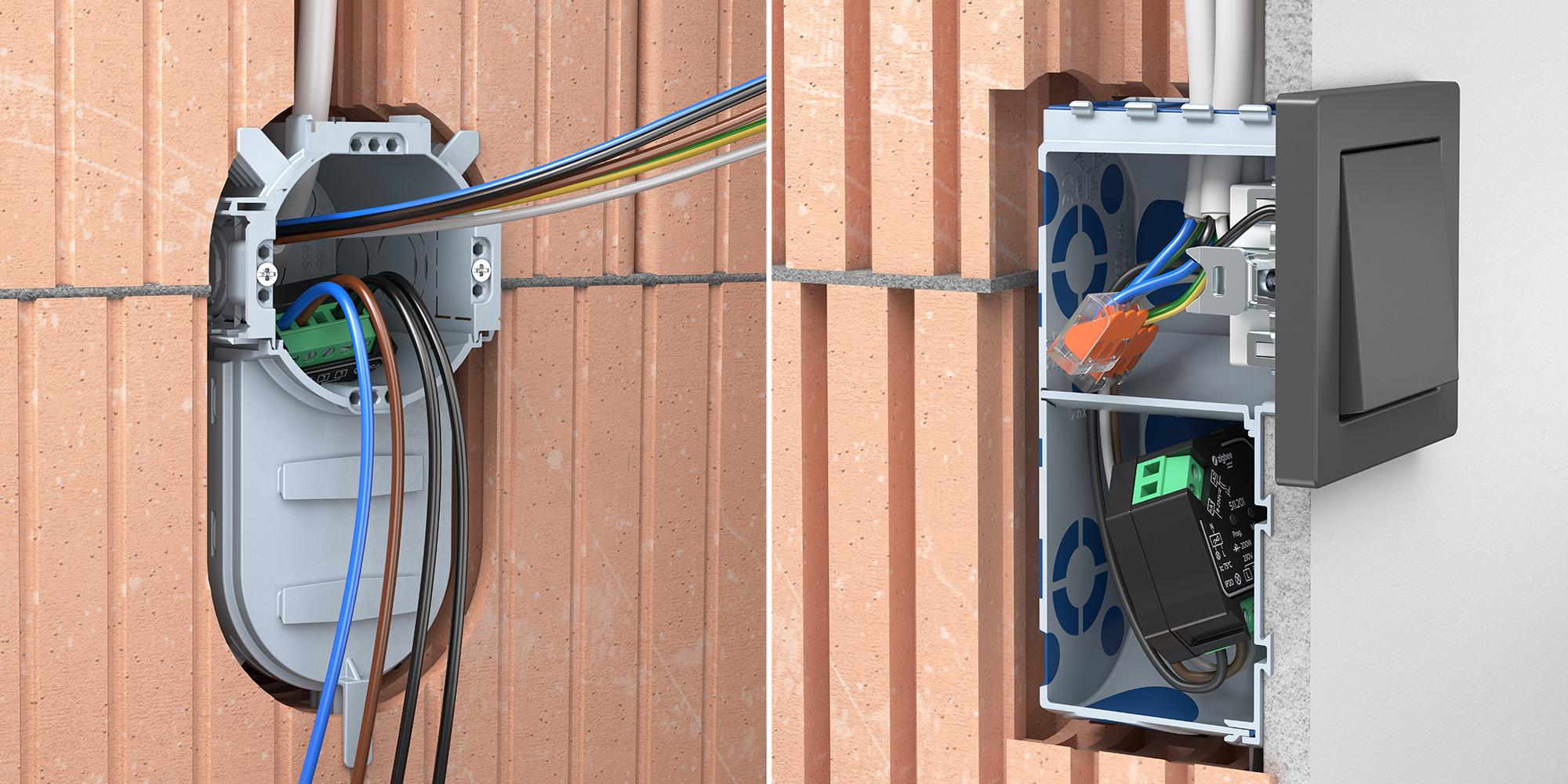 Up1-Dose im Mauerwerk: links offene Dose mit eingeführten Leitungen, rechts montierter Schalter mit Verdrahtung und Elektronikmodul in der Dose.