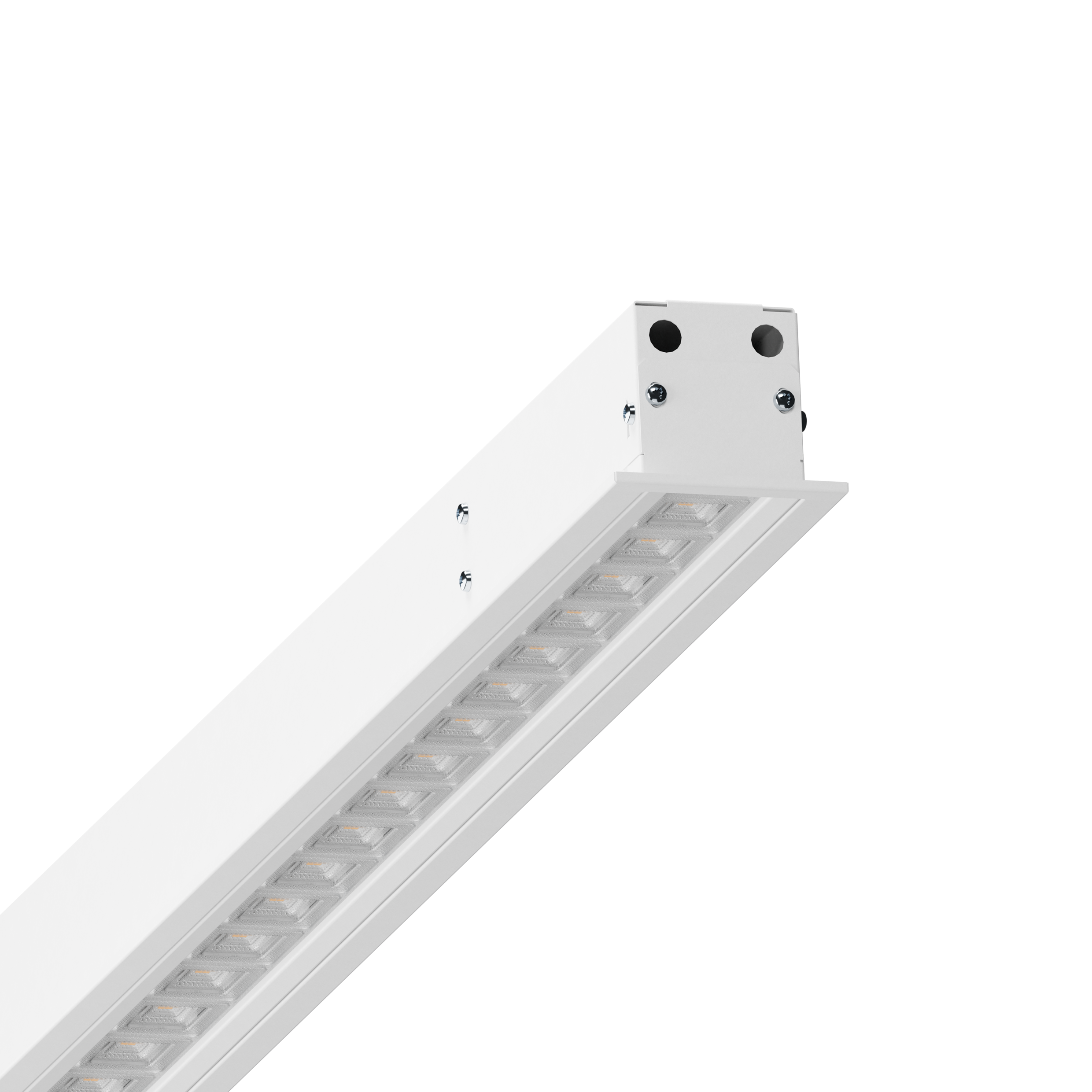 Weiße Anbauleuchte tirabo mit integrierter Multiprismenoptik.