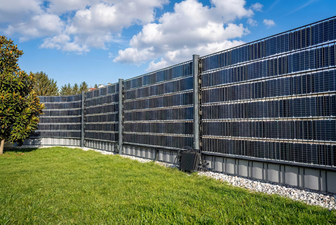 Installierter Sunbooster Vertical+ an Doppelstabmattenzaun im Garten.