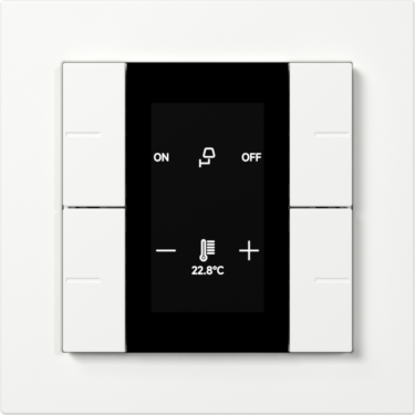 KNX Tastsensor mit Display von Gira in weiß, zeigt Lichtsteuerung und Temperaturanzeige.