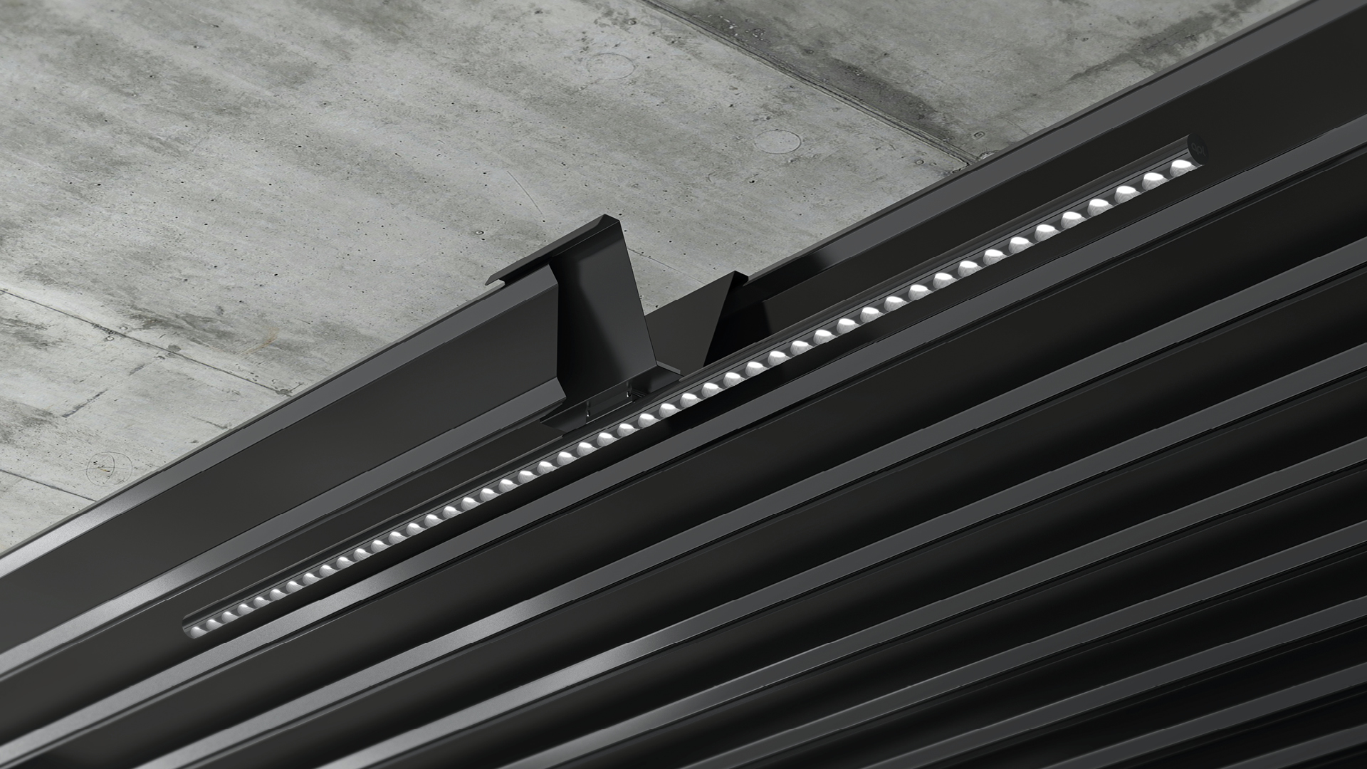Lineares apl-Lichtsystem integriert in architektonische Deckenstruktur.