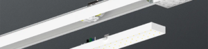 Detailansicht eines modularen LED-Lichtbands mit Tragschiene und Lichtmodul.