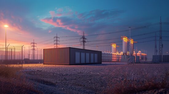 Containerisierte Großbatteriespeicher stehen neben einem Umspannwerk mit Hochspannungsleitungen bei Abenddämmerung.