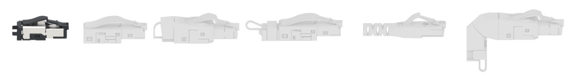 Explosionsdarstellung des RJ45 field plug ultra short Steckverbinders von Metz Connect mit seinen Einzelkomponenten.