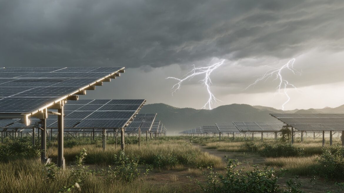 PV-Freiflächenanlage mit Solarmodulen unter dunklen Gewitterwolken; Blitze zucken am Horizont.