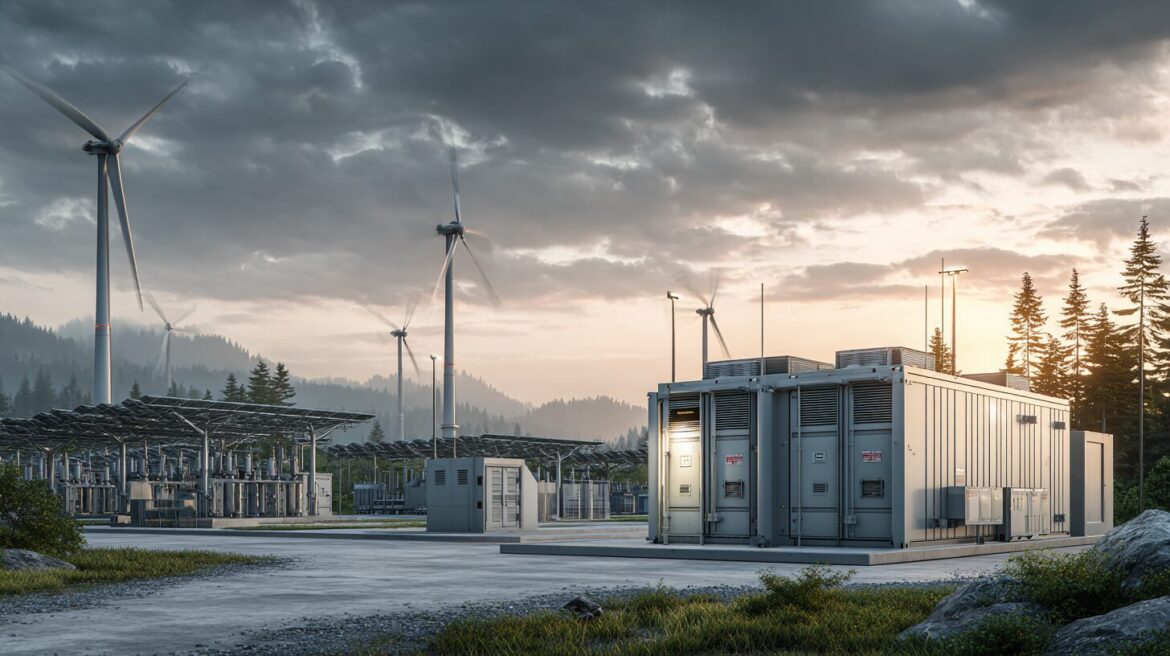 Ein Großbatteriespeicher steht an einem Netzanschlusspunkt neben Photovoltaikanlagen und Windrädern in einer energietechnischen Infrastrukturumgebung.