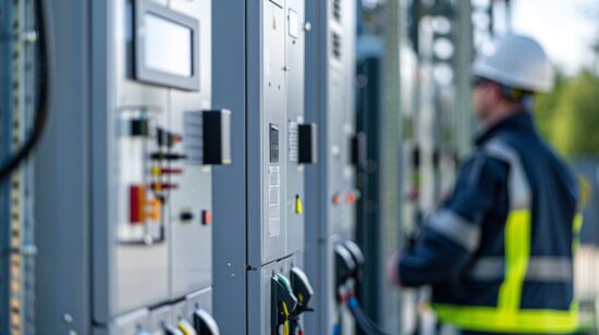 Eine moderne elektrische Schaltanlage im Verteilnetz steht im Vordergrund, ein Techniker mit Helm ist im Hintergrund unscharf.