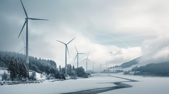 Mehrere Windkraftanlagen stehen in einem verschneiten Tal und speisen bei winterlichen Bedingungen Strom ins Netz ein.