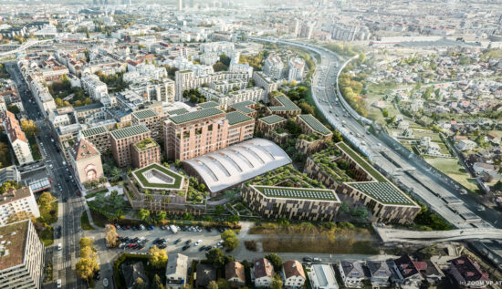 Visualisierung des Zukunftsanker-Quartiers in Wien mit historischem Gebäudebestand, neuen Baukörpern und begrünten Dächern