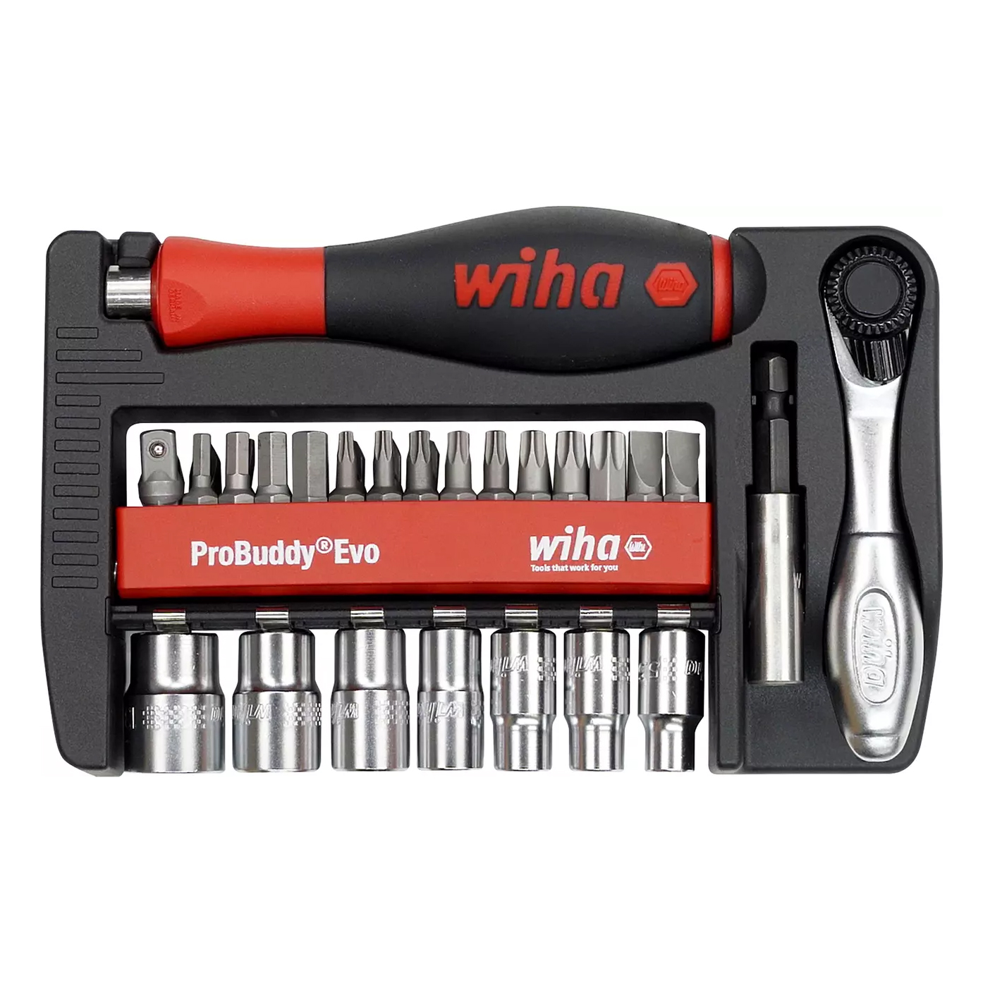 Kompaktes Wiha ProBuddy Evo Bit- und Steckschlüssel-Set.