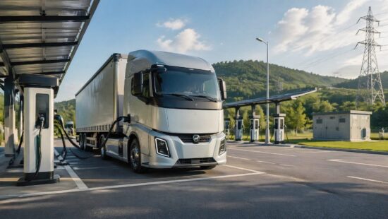 Ein elektrischer schwerer Lkw lädt tagsüber an einer modernen Schnellladestation, im Hintergrund sind Trafostation, Stromleitung und Hügellandschaft zu sehen.