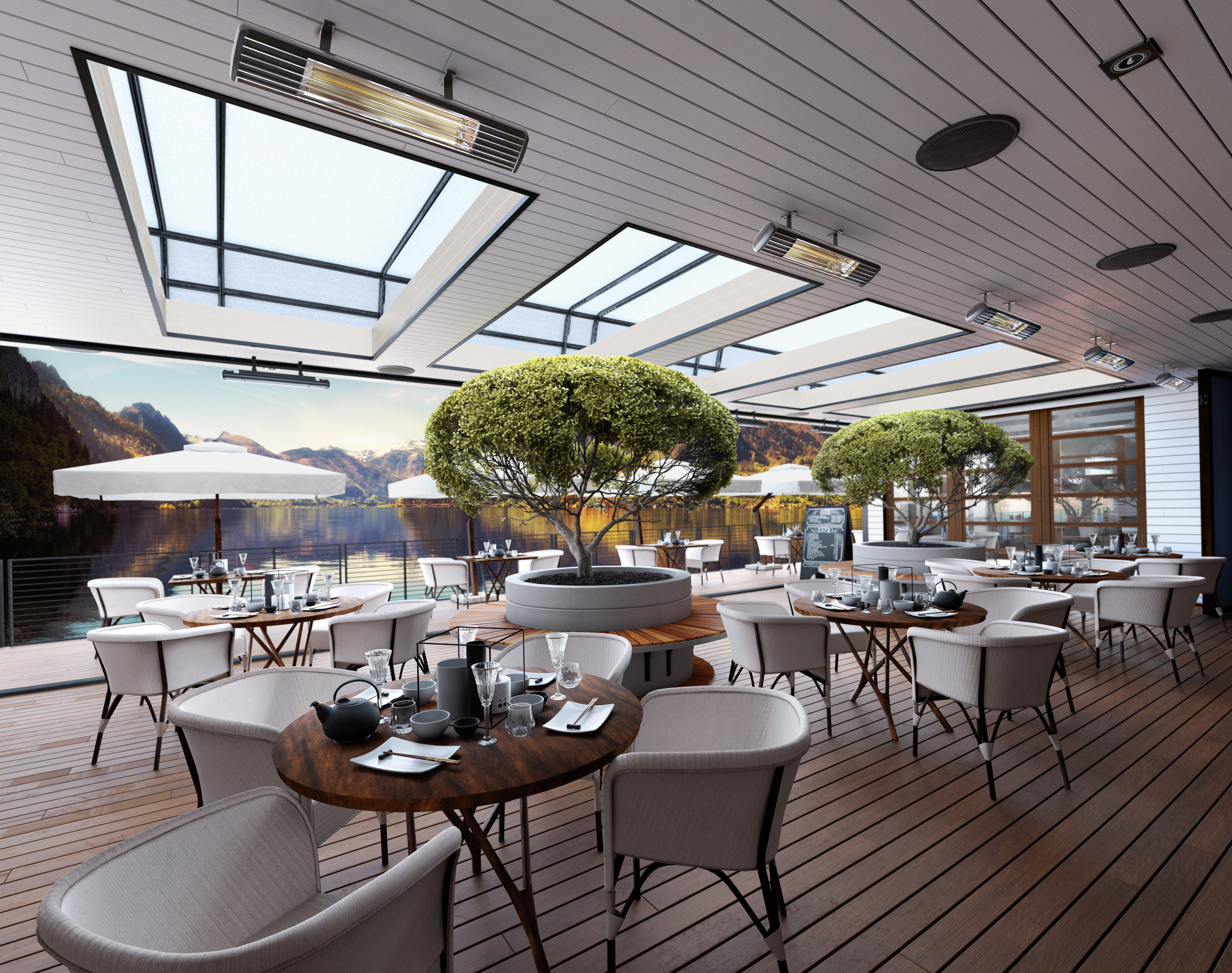 Infrarot-Heizstrahler auf Restaurantterrasse mit Seeblick für angenehme Wärme in Gastronomie, Gastgarten und Outdoor-Bereich.