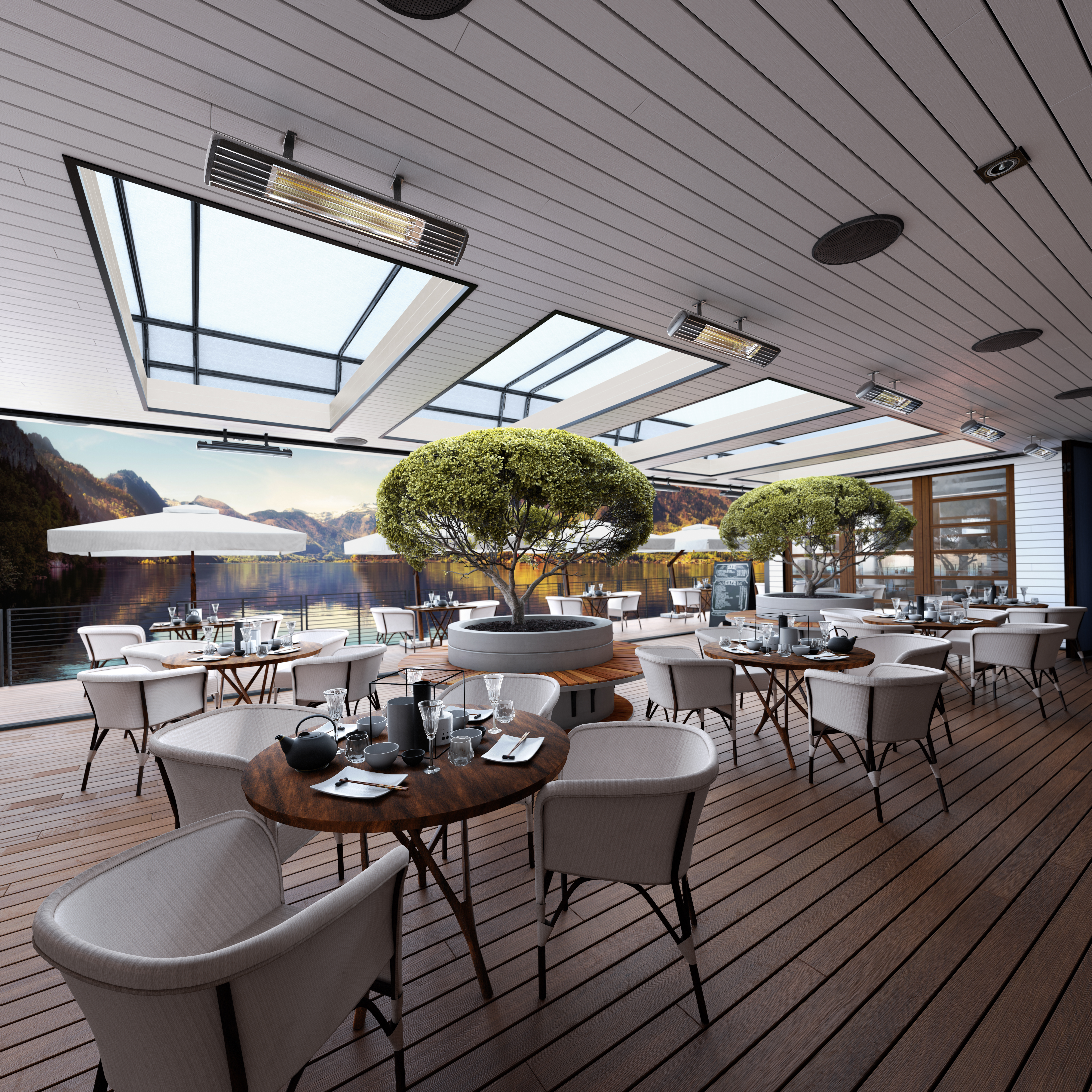 Infrarot-Heizstrahler auf Restaurantterrasse mit Seeblick für angenehme Wärme in Gastronomie, Gastgarten und Outdoor-Bereich.