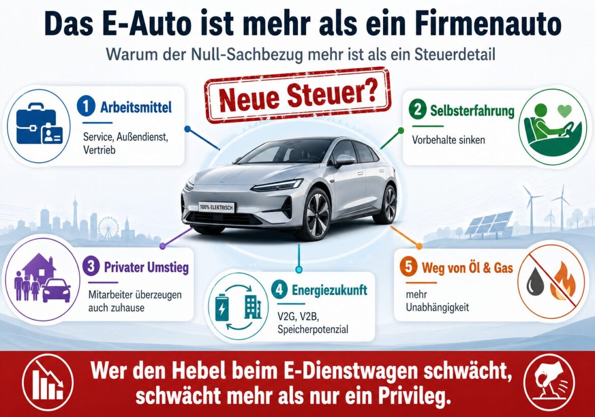 Infografik zur Bedeutung des Null-Sachbezugs für E-Dienstwagen mit den Themen Arbeitsmittel, Selbsterfahrung, privater Umstieg, Energiezukunft und Ausstieg aus Öl und Gas