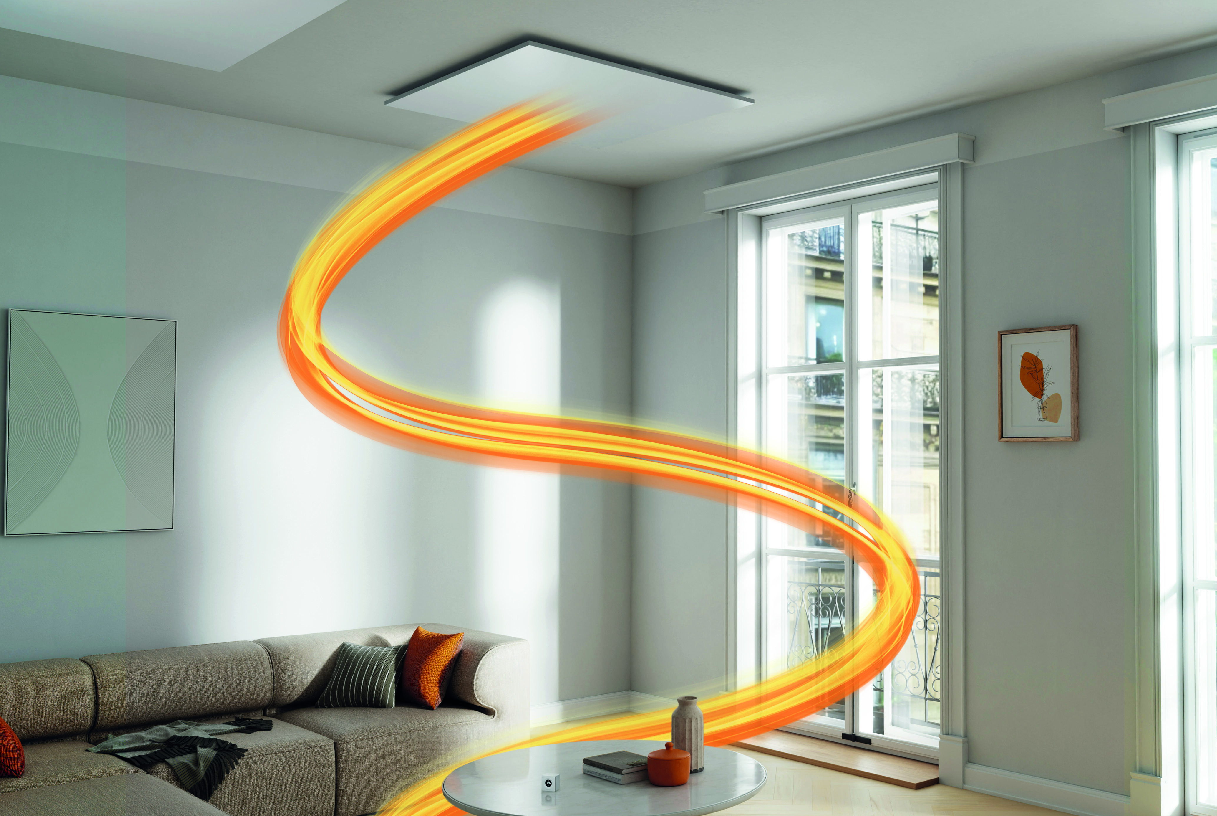 Moderne Wohnraumlösung mit Decken-Infrarotheizung und sichtbarer Wärmewirkung für effizientes elektrisches Heizen im Wohnzimmer.