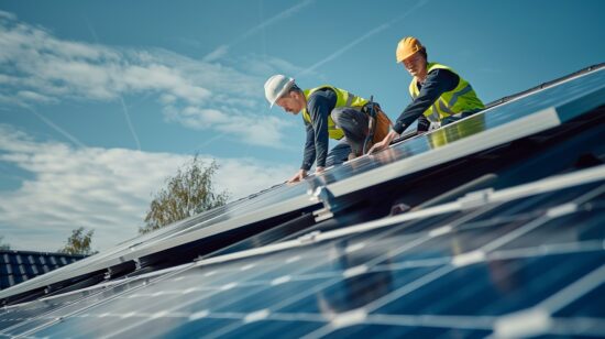 Zwei Fachkräfte montieren Photovoltaikmodule auf einem geneigten Dach unter blauem Himmel.