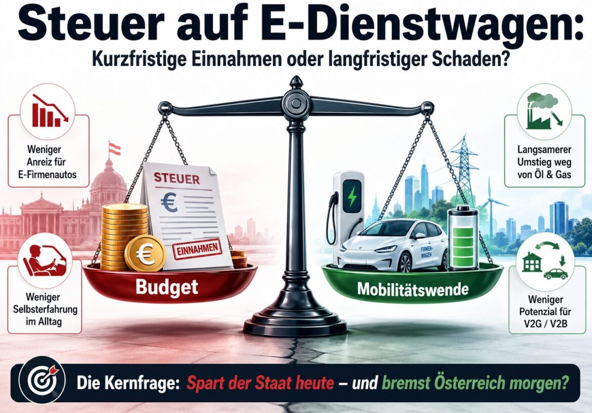 Infografik zur Besteuerung von E-Dienstwagen mit einer Waage zwischen Budgetinteressen und Mobilitätswende.
