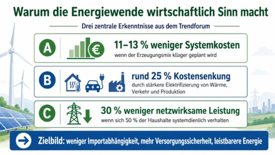 Schaubild zu wirtschaftlichen Vorteilen der Energiewende mit 11 bis 13 Prozent weniger Systemkosten, rund 25 Prozent Kostensenkung und 30 Prozent weniger netzwirksamer Leistung.
