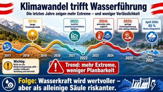 Infografik zur Entwicklung der Wasserführung in Österreich von 2017 bis 2026 mit Trockenperioden, niedrigen Abflüssen, Hochwasserphasen und Niederschlagsdefizit.