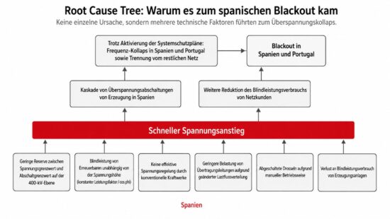 Root Cause Tree zum Spanien-Blackout: Mehrere technische Faktoren wie hohe Spannungslimits, fehlende Blindleistungsregelung, Oszillationen, manuelle Drosseln und Schutzabschaltungen führten zum Überspannungskollaps.