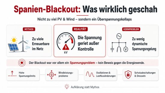 Schaubild erklärt den Spanien-Blackout: Nicht zu viele Erneuerbare im Netz waren das Kernproblem, sondern ein Spannungsproblem durch zu wenig dynamische Spannungsregelung.